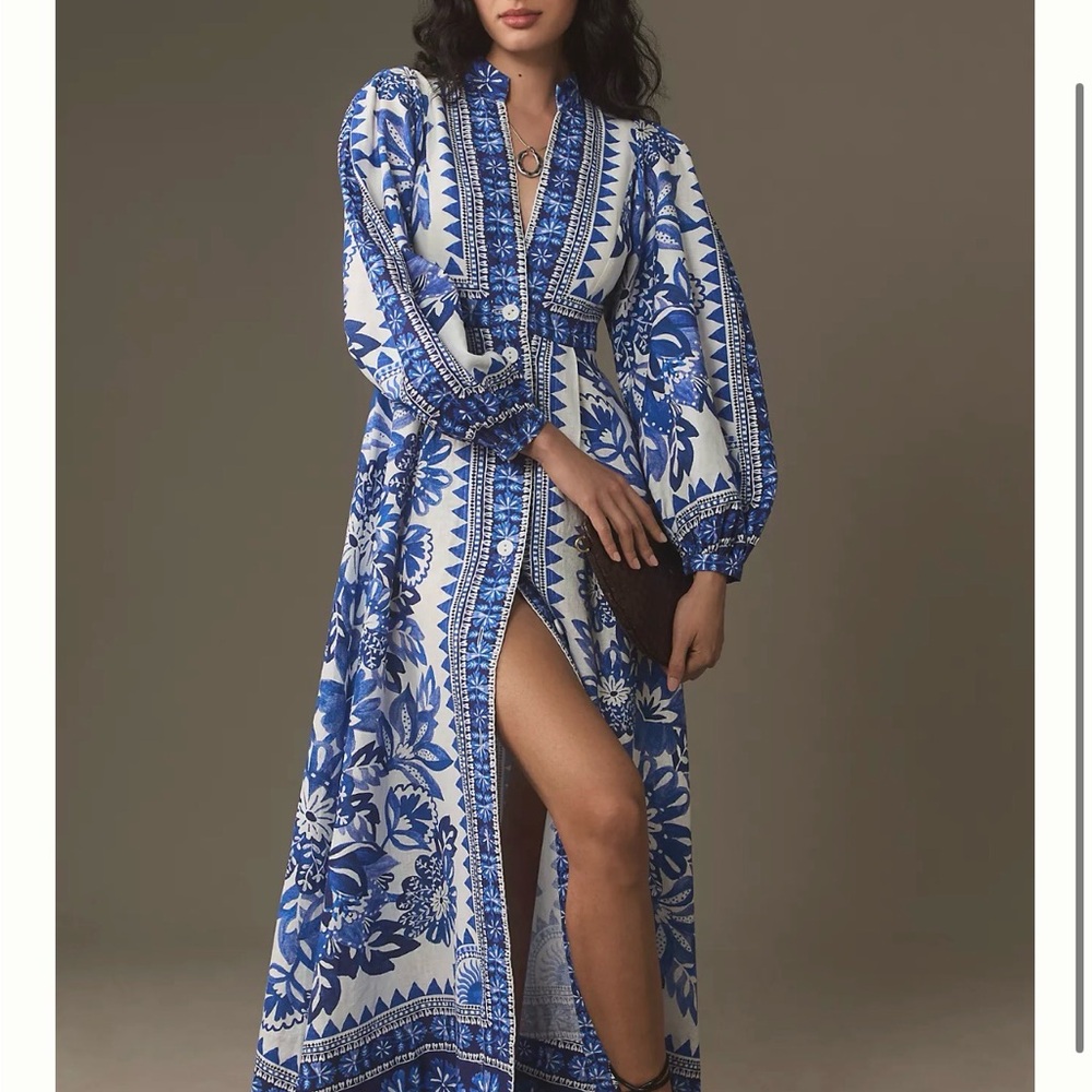 FARM Rio Blue and White Patterned Maxi Dress